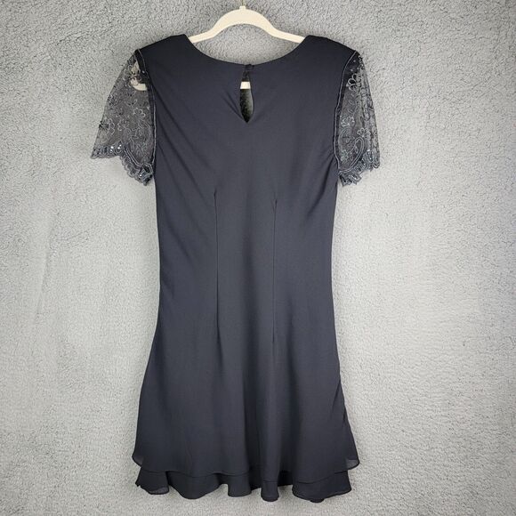 VTG Jeffrey Dara Tom Barra 8 Rhinestone Lace Sleeve Black Dress 90s Flared Y2K - Picture 14 of 16